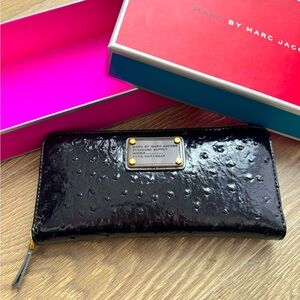 Marc by Marc Jacobs Black Patent Ostrich-Textured Zip Wallet